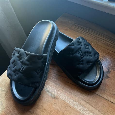 lv black sliders|louis vuitton denim slides.